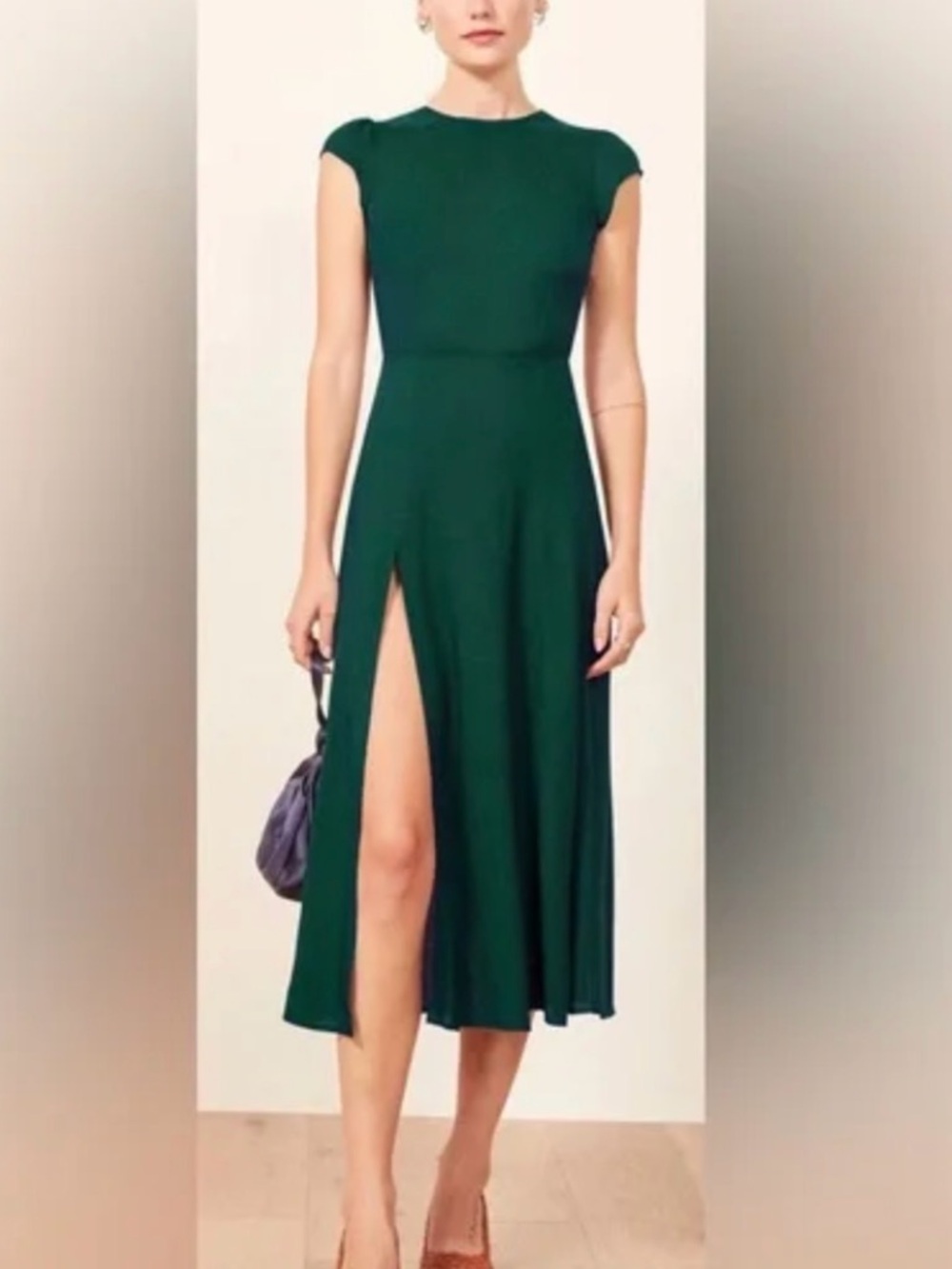 Reformation Deep Green Cap-Sleeve Midi Dress with Side Slit